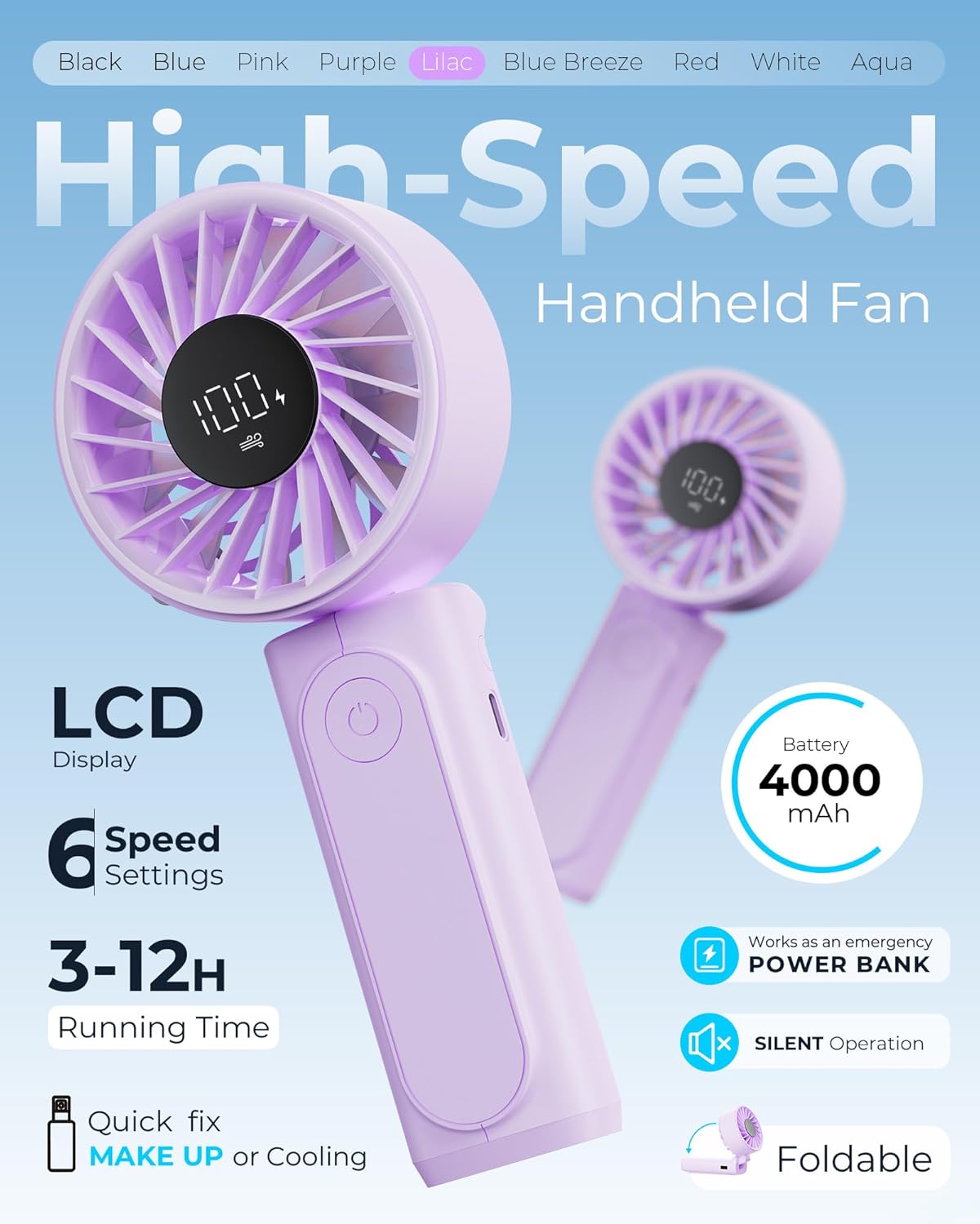 Peiyuu Portable Fan - 4000mAh USB Rechargeable Mini Desk Fan with 6 Wind Speeds & LCD Display | Ultra Quiet, Foldable Design