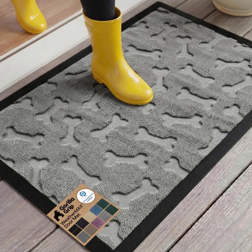 GORILLA GRIP Waterproof All-Season WeatherMAX Doormat - 35x23, Natural Rubber, Easy Clean, Light Gray Bones