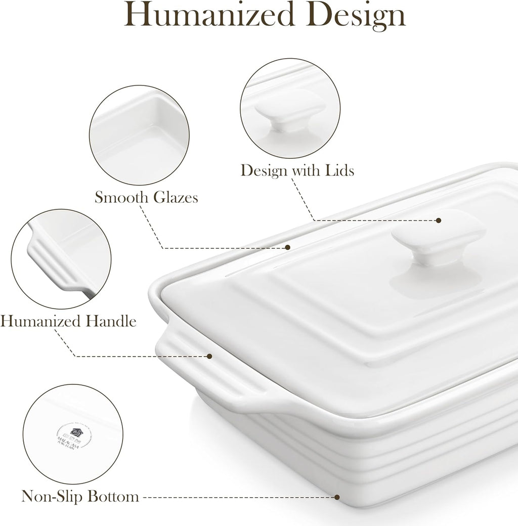 MALACASA Casserole Dish - 4.4 Qt Porcelain Baking Dish with Lid & Handles | Microwave Safe, White