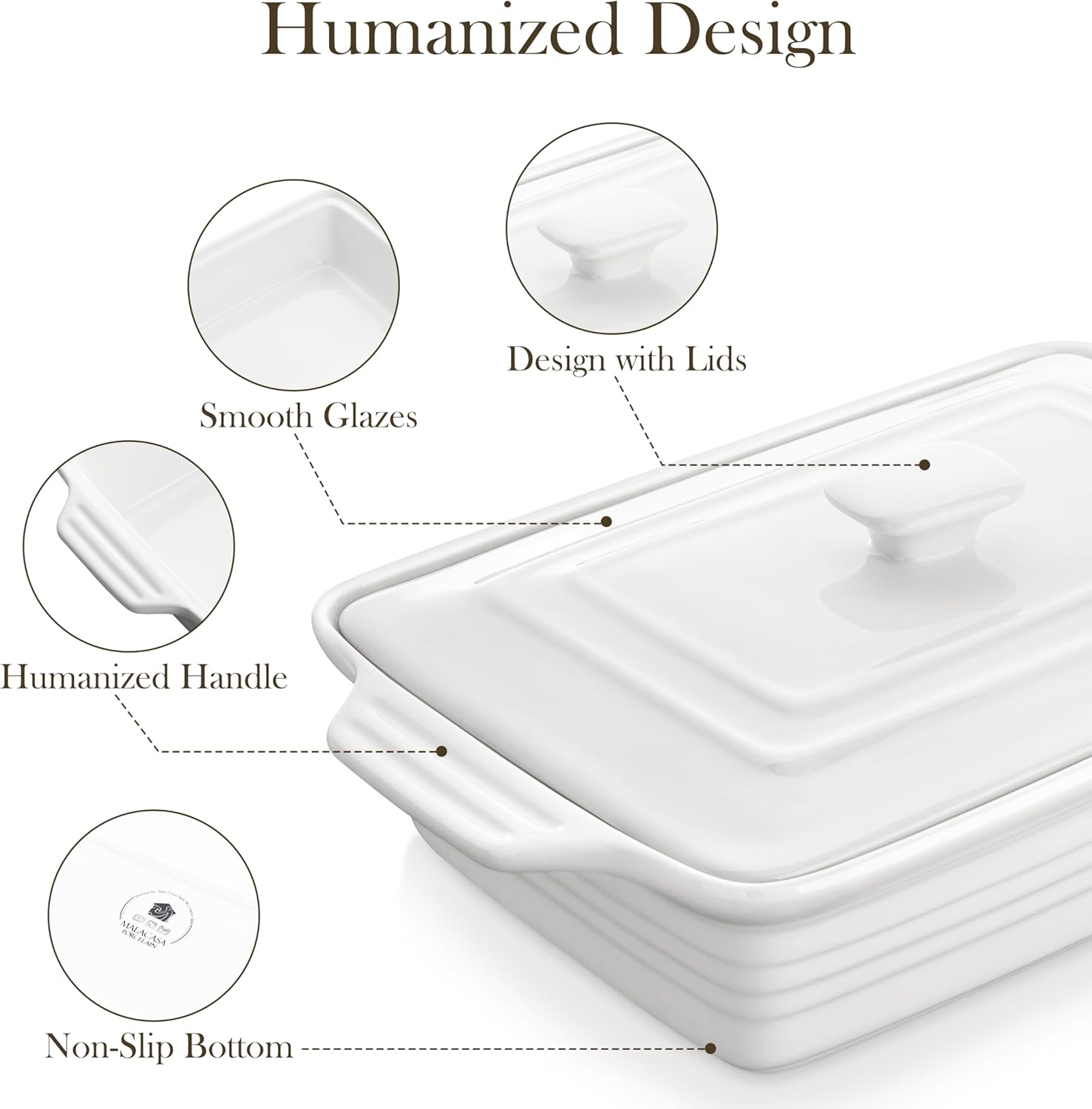 MALACASA Casserole Dish - 4.4 Qt Porcelain Baking Dish with Lid & Handles | Microwave Safe, White
