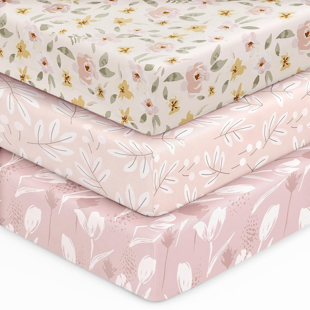 Unnivoll Baby Crib Sheets | Soft Microfiber Fitted Sheets for Standard Crib & Toddler Mattress - 3 Pack, Pink Flowers & Leaf, 28x52x8in