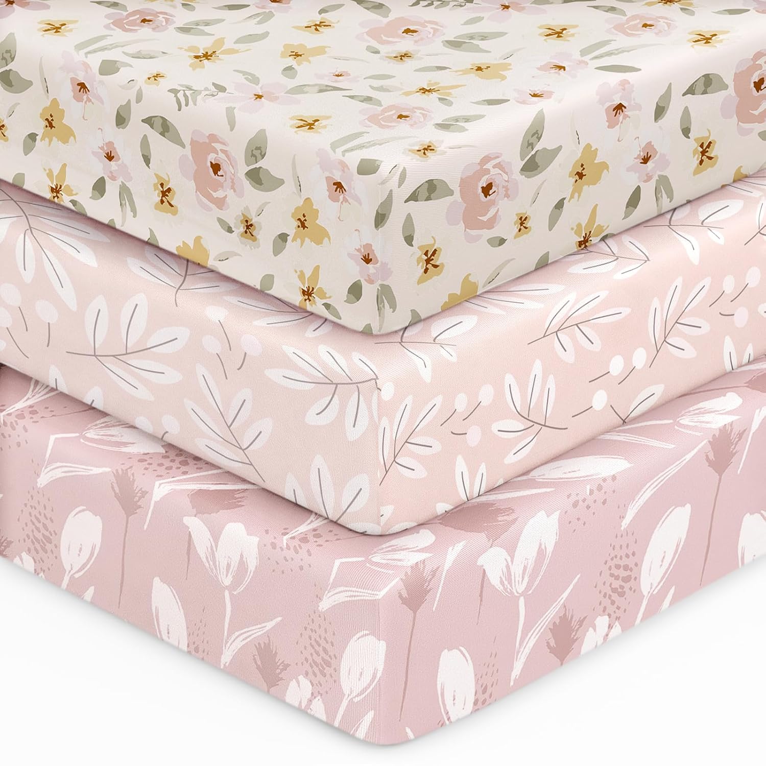 Unnivoll Baby Crib Sheets | Soft Microfiber Fitted Sheets for Standard Crib & Toddler Mattress - 3 Pack, Pink Flowers & Leaf, 28x52x8in