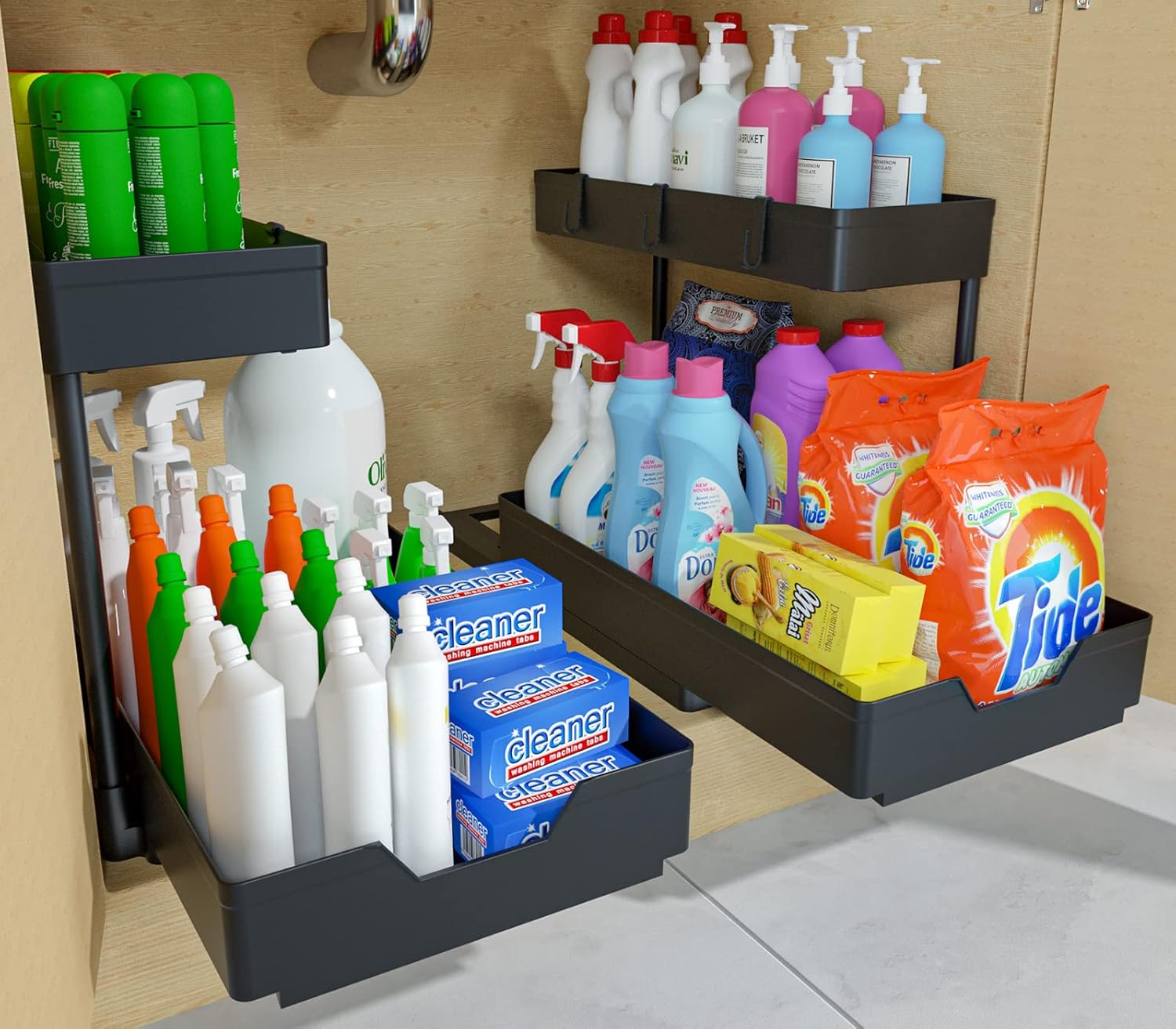 Nature's Source Under Sink Organizer - 2 Tier Sliding Cabinet Storage Baskets | L-Shape Design, Black