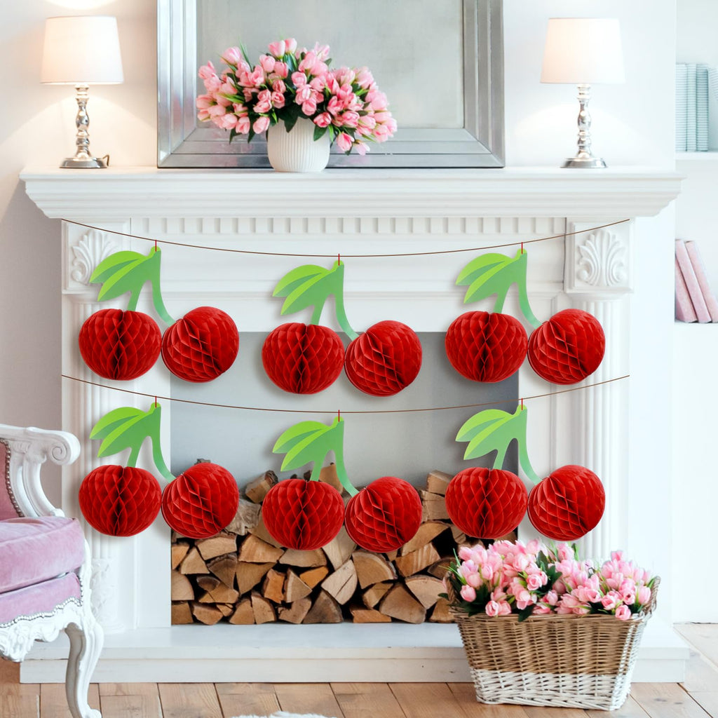Sonwyoung Cherry Birthday Party Decorations Hanging Paper Honeycomb Cherry Table Centerpieces Paper Lanterns for Ceiling Fruit Party Decor(Red)