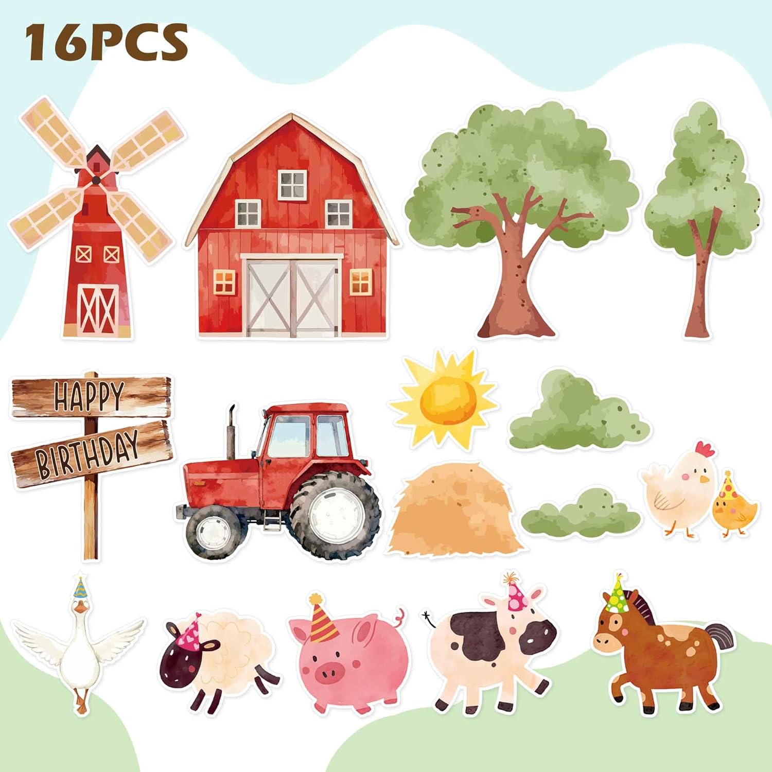 Regine Switzerland 16PCS Farm Animal Cake Decorations - Fun Party Toppers with Barn, Tractor & Animals