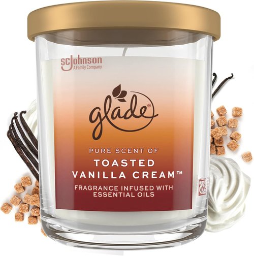 Glade Candle Jar - Large Toasted Vanilla Cream Candle Infused with Essential Oils | 16oz Air Freshener
