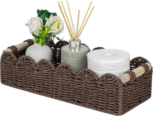 CubesLand Storage Basket - Woven Paper Rope with Scalloped Edges & Wood Handle | Brown, Versatile Home Décor