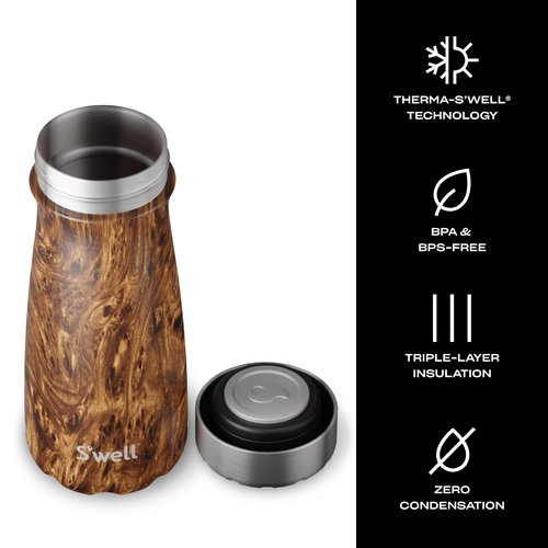 S'well Stainless Steel Traveler, 16oz, Teakwood, Triple Layered Vacuum Insulated Containers Keeps Drinks Cold for 24 Hours and Hot for 12, BPA Free, Easy Carrying On the Go