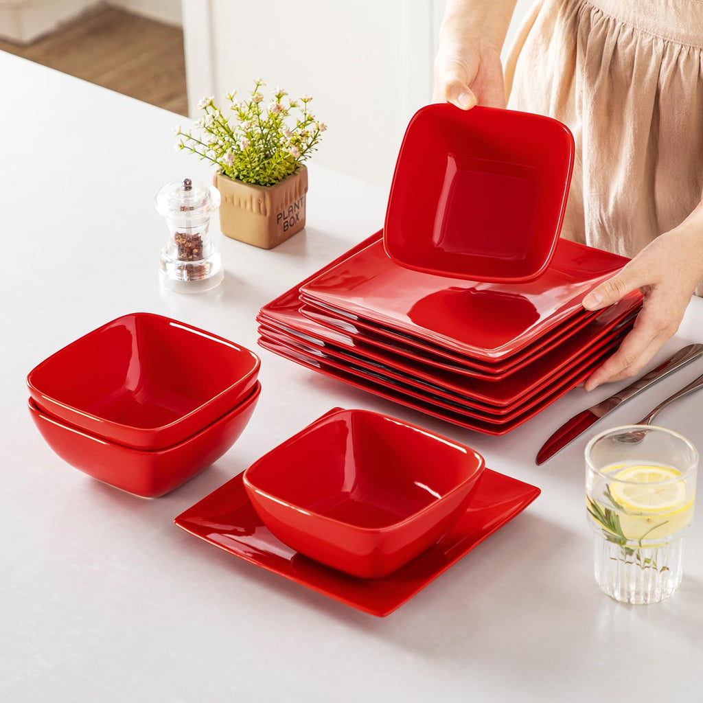 vancasso Soho Dinnerware Sets 12 Pieces, Red Stoneware Square Place Setting, Dinner Plate, Plates and Bowls Sets, Dishes Service for 4