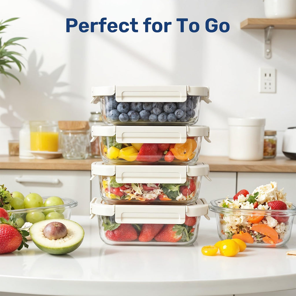 Simple Deluxe Meal Prep Food Containers with Exclusive Glass Lids, Glass Storage Containers with Lids, BPA-Free, Glass Lunch Boxes for Lunch, Pantry Organizers, Freezer to Oven Safe, 4 Pack