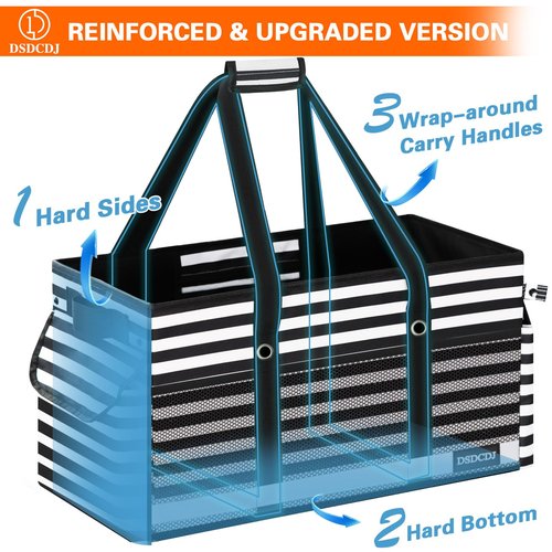 DSDCDJ 2 Pack Extra Large Utility Tote Bag with Reflective Strip, Standing Reusable Grocery Bags with Hard Bottom, Collapsible Utility Tote with Handles for Shopping, Beach, Picnics, Car