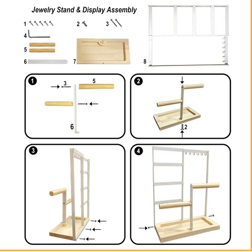 Jewelry Organizer Stand, Jewelry Holder, Lengnoy 4 Tier Earring Holder with 48 Holes and 6 Hooks Necklace Organizer Wood Box for Necklace Bracelet Earring Ring, Gold