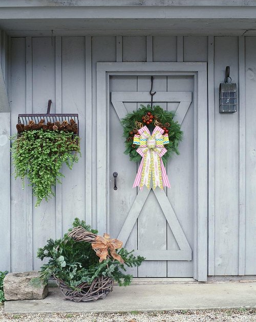 Hying Large Easter Bows - White & Pink Burlap Wreath Bows with Eggs & Leaves for Spring Decor