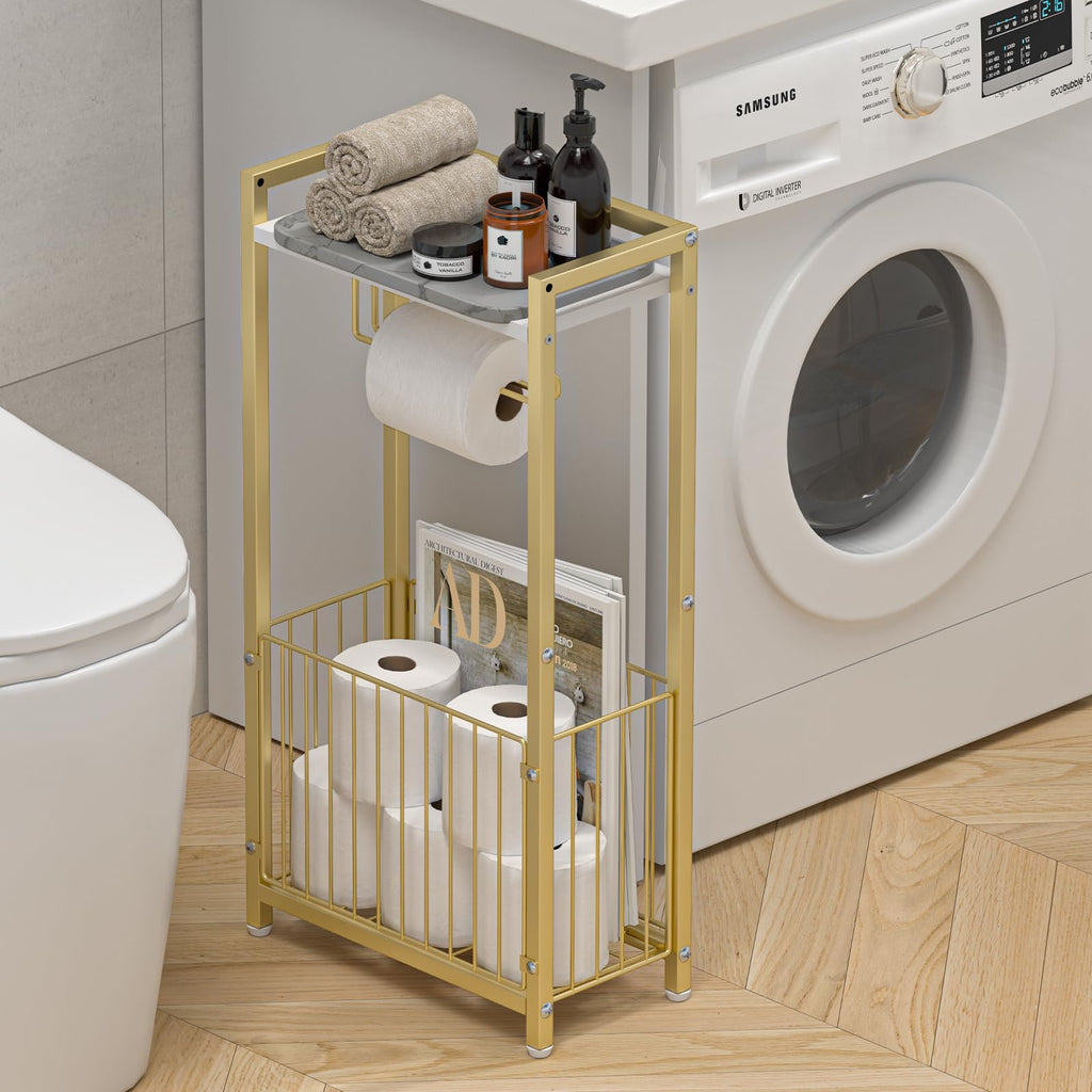 Toilet Paper Holder with Storage Shelf - Freestanding Roll Dispenser for Bathroom, Bathroom Organizer for Tissues and More Gold