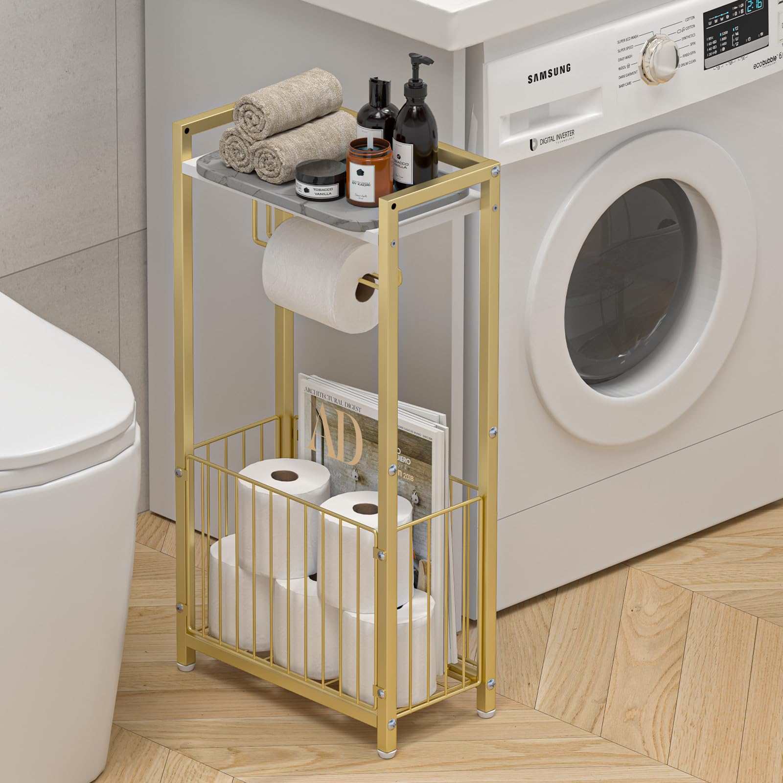 Toilet Paper Holder with Storage Shelf - Freestanding Roll Dispenser for Bathroom, Bathroom Organizer for Tissues and More Gold