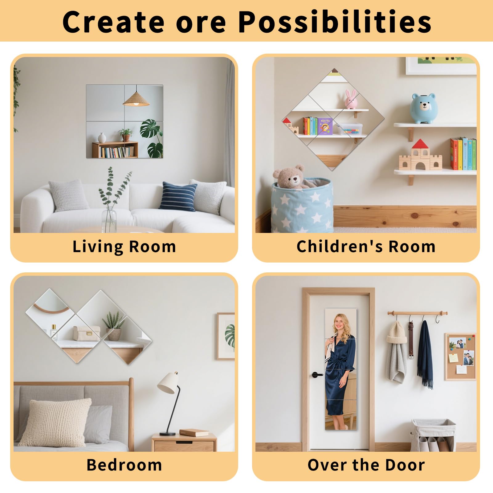 Unbreakable Kids Mirror Tiles for Wall Decor, 4 PCS 12 x 12 Inches Toddler Mirror Full Length, Stick on Classroom Small Plastic Baby Mirrors, Shatterproof Home Gym Acrylic Door Mirrors for Bedroom