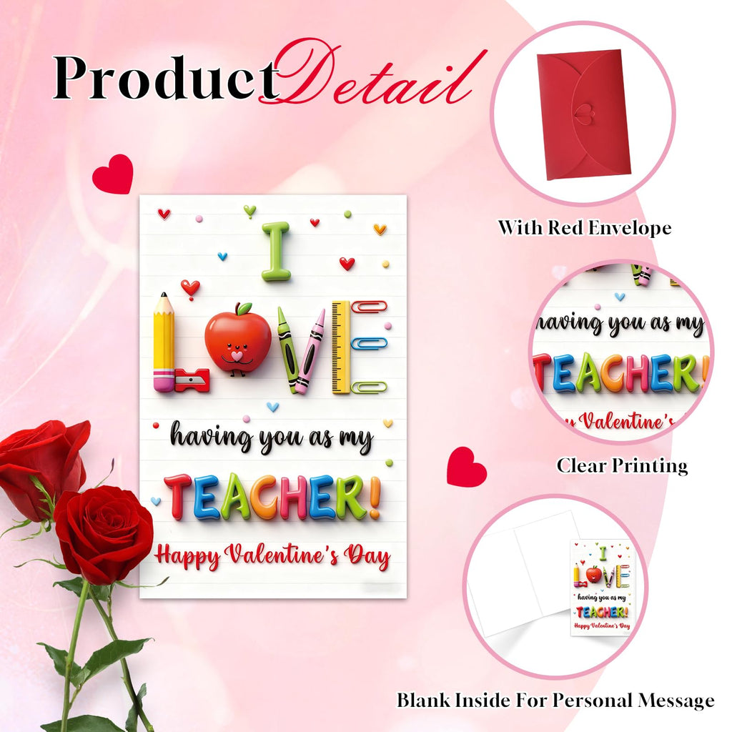 WALENGIF Teacher Valentine Day Card - Happy Valentine's Day Gifts for Teachers Cute Valentines Day Teacher Greeting Cards with Envelope Valentines Day Teacher Gift from Students Kids