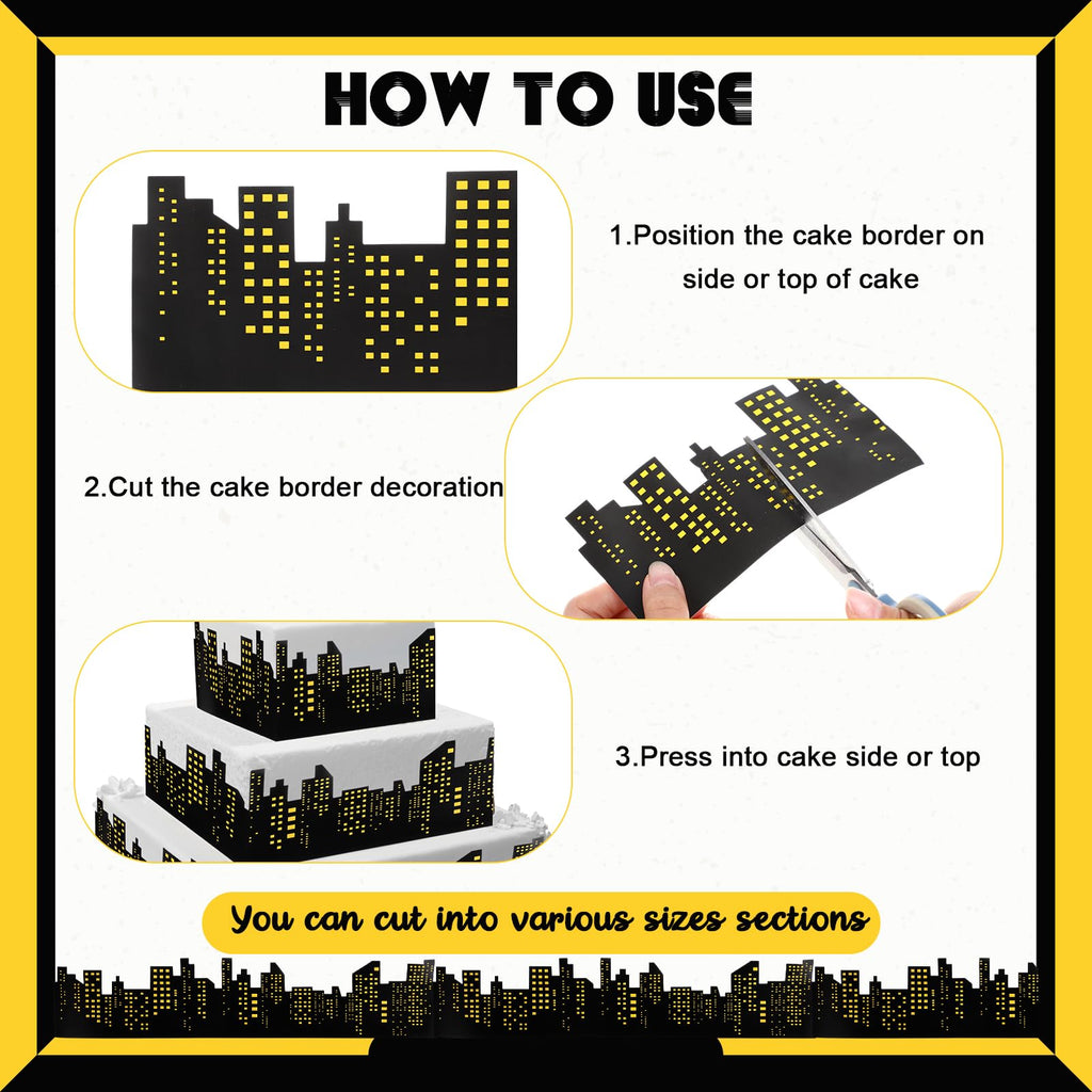 Janlaugh 2 Roll Skyscraper Cake Border Decoration Toppers Stick On or Lay On City Skyline Cake Decor Skyscraper Building Scenic Birthday Accessories for Bday Party Supplies (Skyline, Yellow)