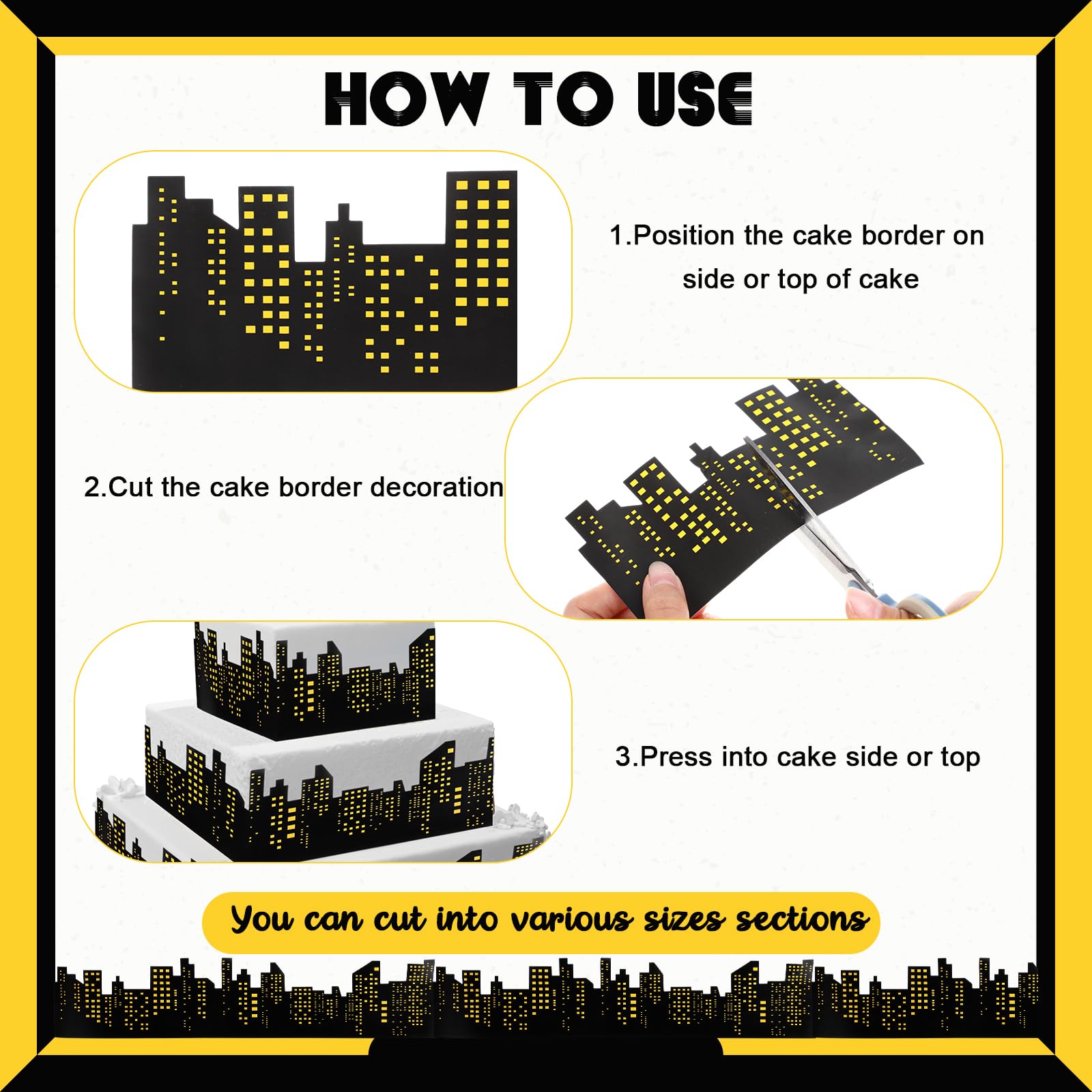 Janlaugh 2 Roll Skyscraper Cake Border Decoration Toppers Stick On or Lay On City Skyline Cake Decor Skyscraper Building Scenic Birthday Accessories for Bday Party Supplies (Skyline, Yellow)