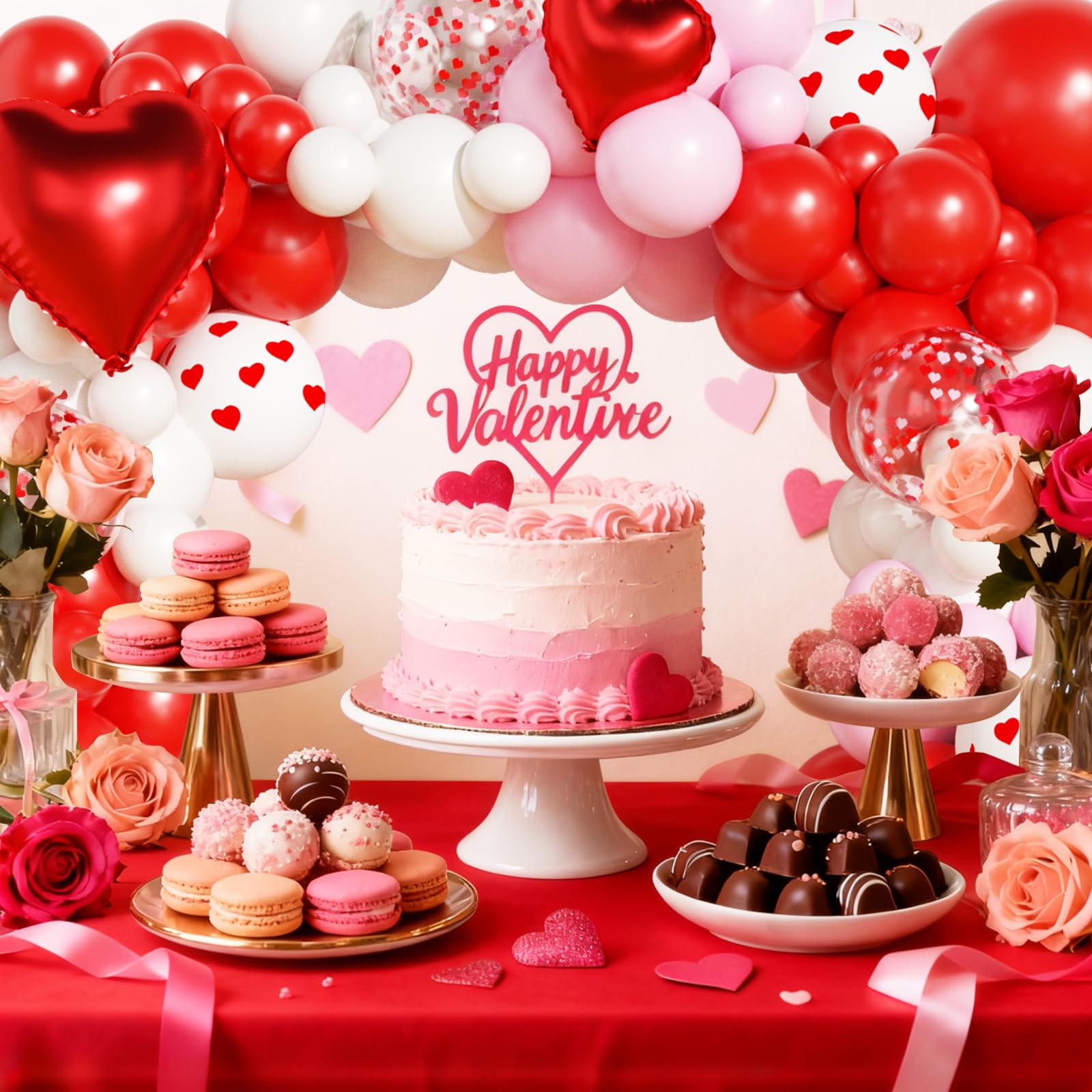 OTLGEUA Valentines Day Balloon Garland Arch Kit, Pink Red I Love You Balloons with Rose Petals for Bachelorette Bridal Wedding Engagement Birthday Galentines Romantic Valentines Party Decorations
