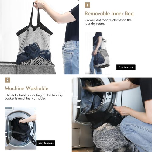 DOKEHOM 150L Double Laundry Basket - Collapsible Hamper with Lid & Removable Bags | Grey