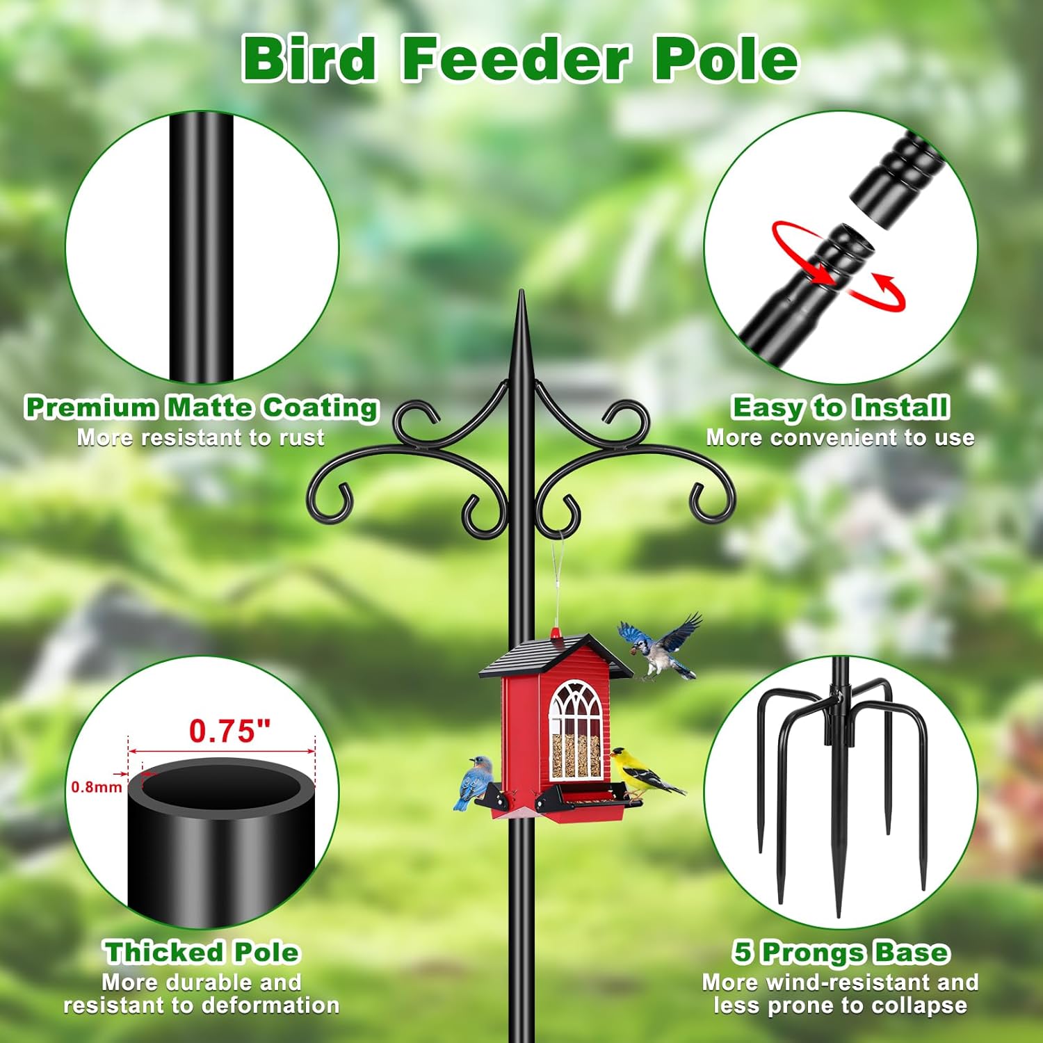 Skiennix Heavy Duty Double Shepherd Hooks - 72-Inch Adjustable Metal Bird Feeder Pole for Outdoor Use | 5-Prong Base