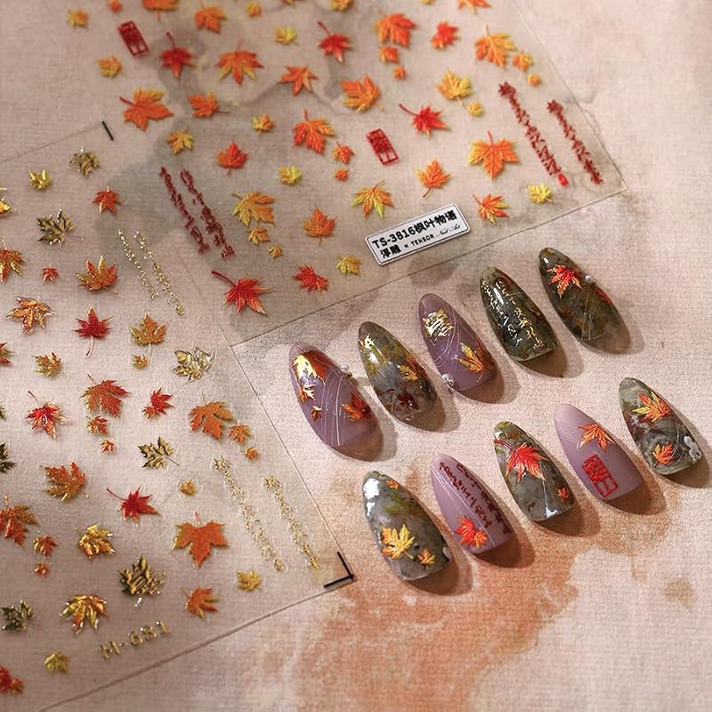 Quezadyl 5D Embossed Fall Maple Leaf Nail Art Stickers Self-Adhesive Decals