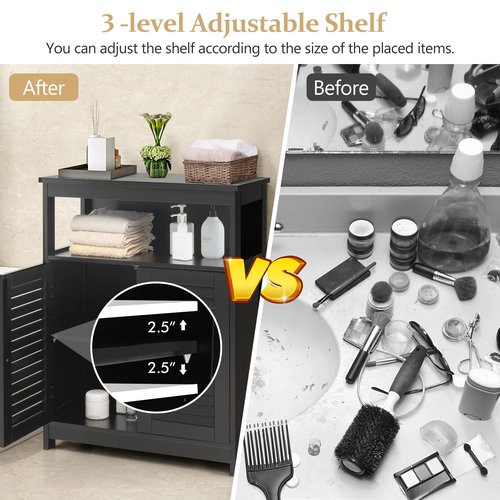 COSTWAY Bathroom Storage Cabinet, Wooden Side Storage Organizer with Louver Doors & Removable Shelf, Freestanding Floor Cabinet for Living Room, Kitchen, Entryway (Black)