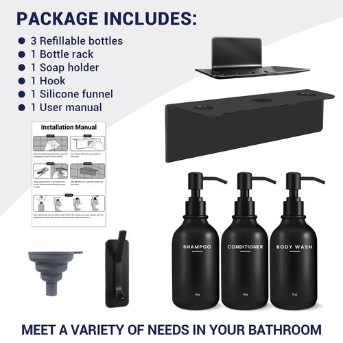 KLL Shampoo and Conditioner Dispenser Set - Wall Mounted Shower Soap Dispenser - 17oz No-Drill Refillable Plastic Pump Bottles for Bathroom - Includes Soap Dish & Hook (Black)