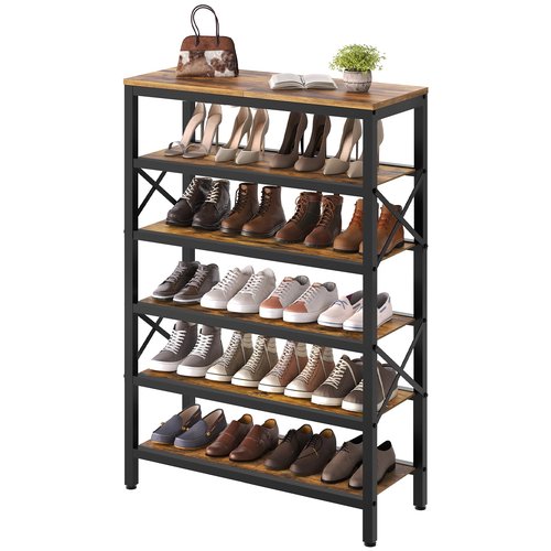 YATINEY 6-Tier Tall Shoe Rack Organizer, Wooden Shoe Storage for Closet Holds 24 Pairs, Sturdy Shoe Shelf with X-Shaped Metal Support, for Entryway, Bedroom, Rustic Brown and Black SS206BR