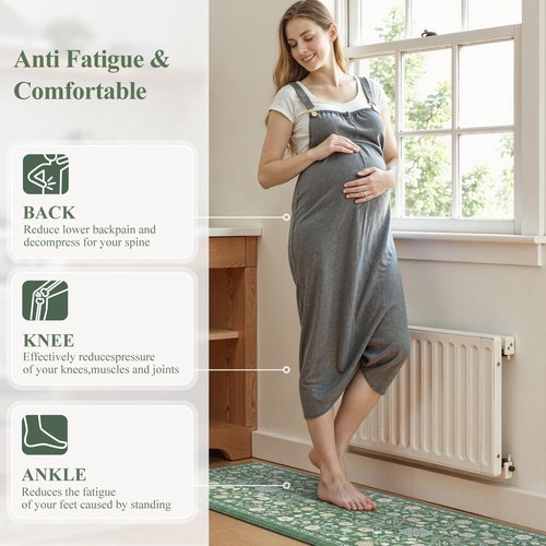 KIMODE Comfort Kitchen Mats for Floor Cushioned Anti Fatigue,Farmhouse Floral Spring Kitchen Rugs Sets of 2 Non Slip,Memory Foam Standing Carpet for Laundry Sink Office,Green