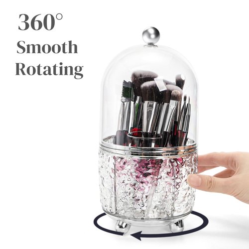 Eorbow Rotating Makeup Brush Holder, Dustproof Cosmetic Tools Organizer with Lid, 360° Spinning Covered Brushes Storage with Anti-slip Pads for Vanity, Bathroom Countertop & Bedside Table, Clear