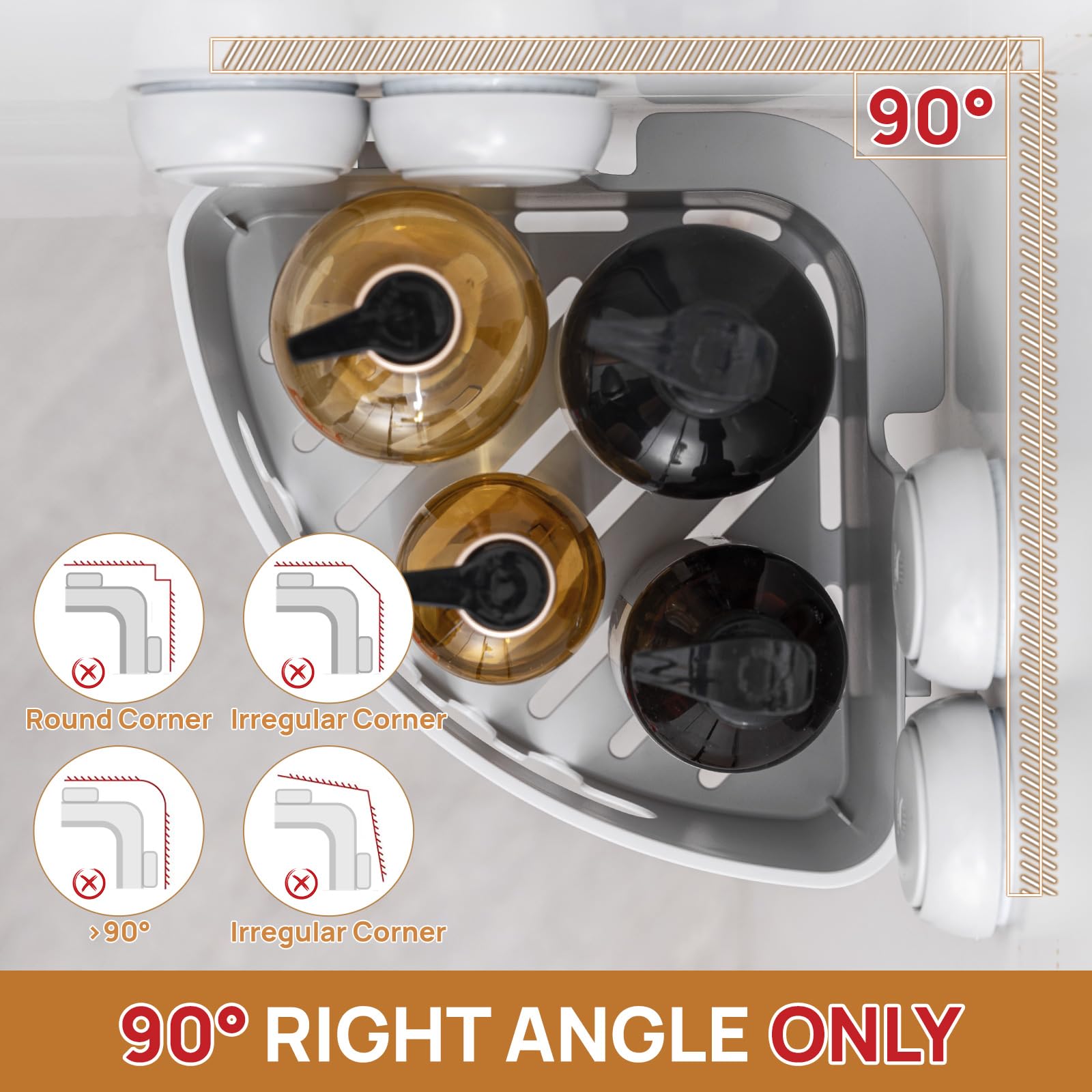 LEVERLOC Corner Shower Caddy Suction Cup, shower shelves suction cup, 2 Pack Basket Powerful Bathroom, Waterproof & Oil-proof Organizer for Kitchen, No-Drilling Removable (Grey)