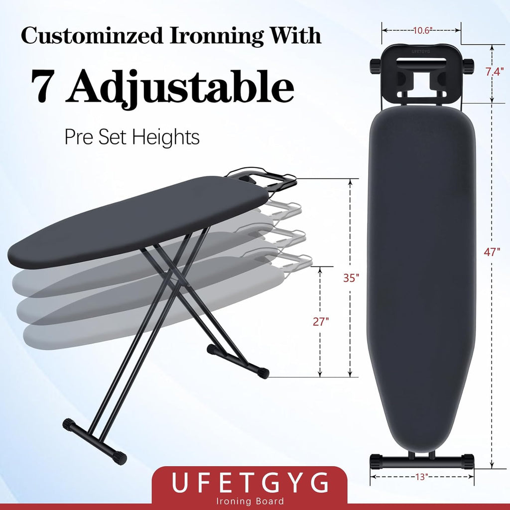 UFETGYG Ironing Board - Height Adjustable Metal Panel | 43" x 13" | Heat Resistant Fabric & Iron Rest