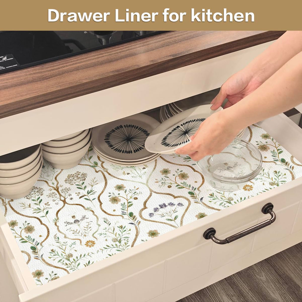 Vuacepe Drawer and Shelf Liner for Kitchen Cabinets Non-Adhesive Drawer Liners Strong Grip Floral Shelf Liners Non-Slip Cabinet Liner,Waterproof Kitchen Cabinet Liners for Shelves,12IN × 10FT