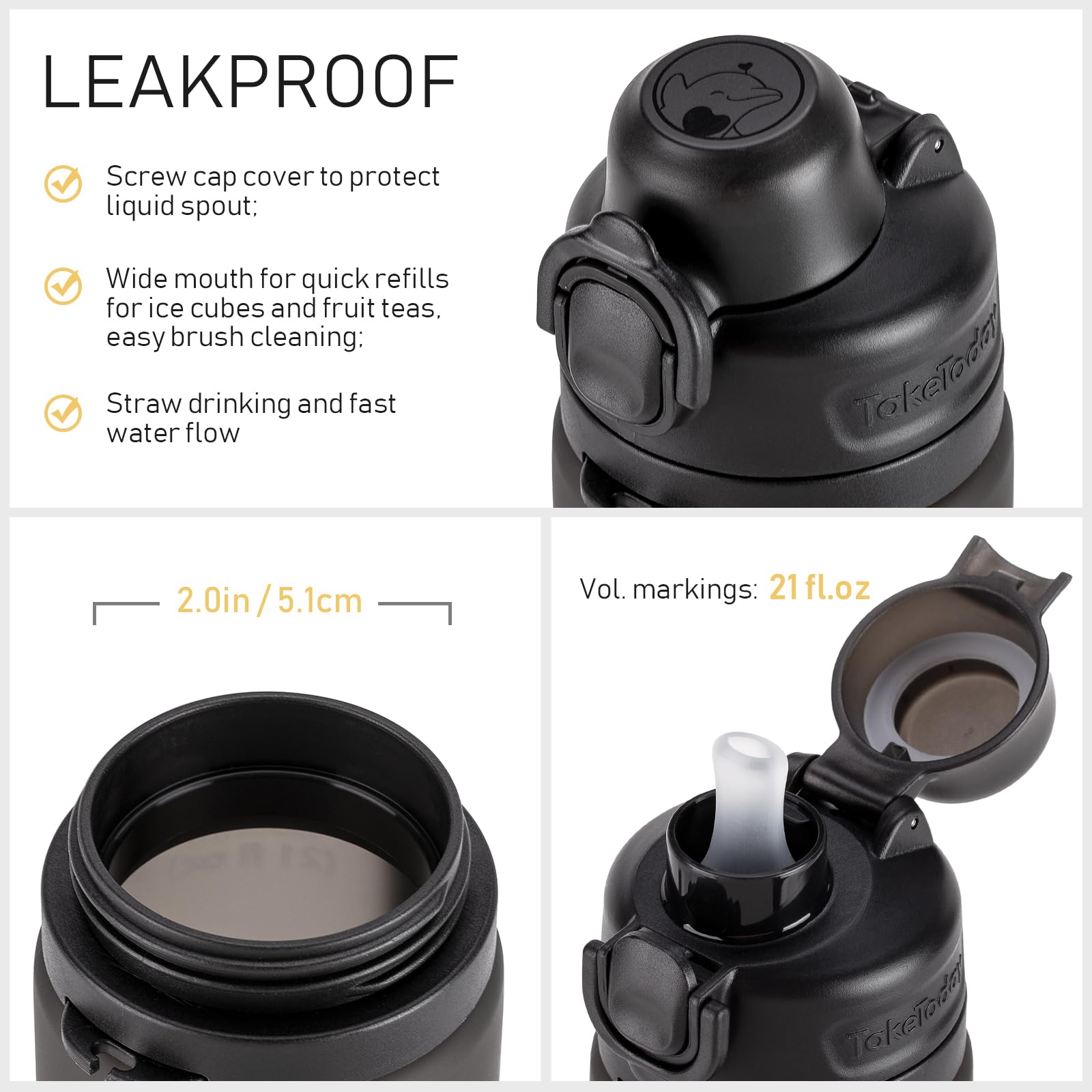 TakeToday Collapsible Water Bottles 21oz (2 pack), Foldable Platinum Silicone Travel Water Bottle with Straw & Carry Strap, Leak-Resistant Screw Lid, Wide Mouth, BPA-Free for Hiking, Camping, Travel