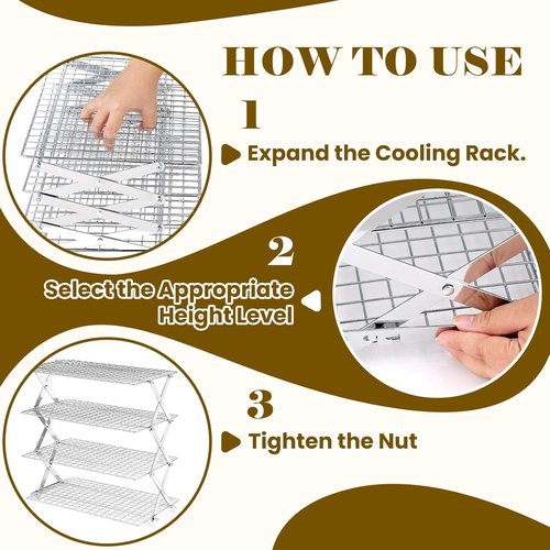 BEWOS 4-Tier Collapsible Cooling Rack - Adjustable Stainless Steel Baking Rack with Leak-Proof Mesh
