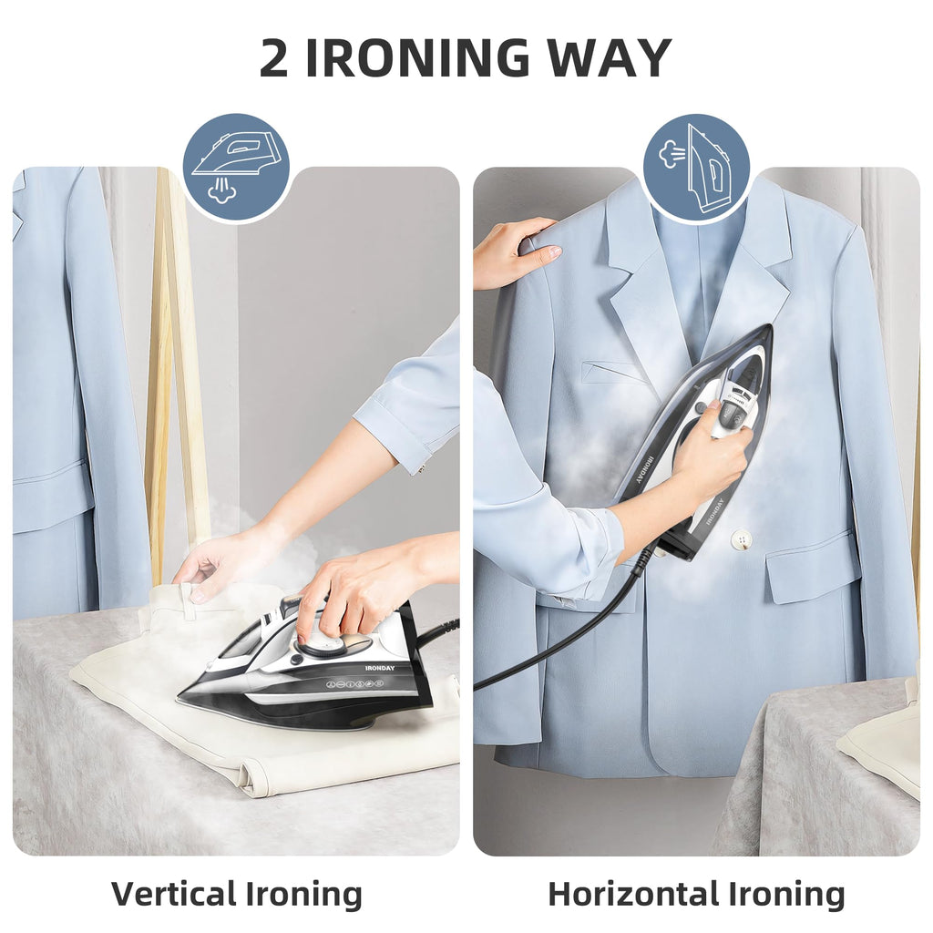 IRONDAY Steam Iron for Clothes 20s Fast Heat-up,1700W Iron with 14.07oz Large Water Tank,Non-Stick Ceramic Soleplate, Anti-Drip, Auto-Off, Burst Steam, Self-Cleaning, Ironing Clothes for Home, Grey