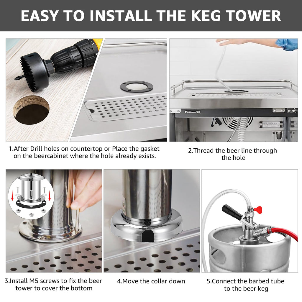 Dual Beer Tap Tower Dispenser with 1/4" Barb Fitting, Draft Kegerator Tap Tower Keg Tower Stainless Brass Core Self-Closing Beer Faucet Brewing Tower Dispenser with Pre-assembled Lines Kit
