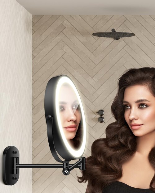 30X/1X Wall Mounted Lighted Makeup Mirror, 9'' Height Adjustable Double Sided 5000mAh Rechargeable Magnifying Bathroom Mirror with Light, 3 Color Modes Touch Dimmable Extended Arm 360 Rotation
