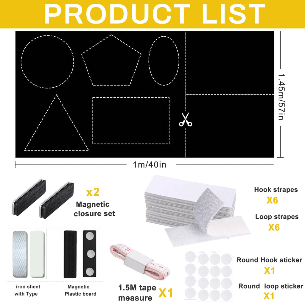 100% Blackout Window Cover Curtains for Bedroom 57x40Inch,No Drill,DIY Cut Portable Removable Black out Shades Blinds Cover for Baby Nursery,RV,Media Room,Hook&Loop Tape Straps Stickers,Magnetic Clips