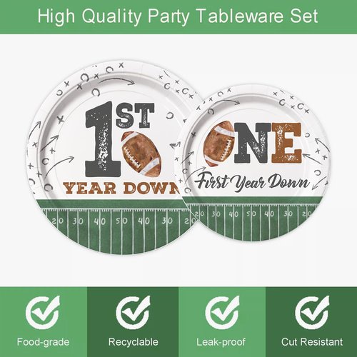 LANGASQUE Football First Year Down Birthday Decorations, 168pcs Paper Plates Napkins Set Football Theme Dinnerware Including Plates, Napkins, Cups, Knives, Forks, Spoons for Birthday Party Supplies