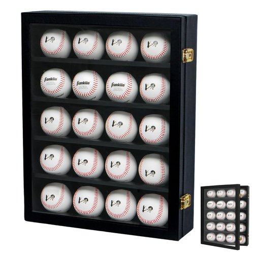 20 Baseball Display Case Wall Mount Leather Cabinet Wood Shelf Sports Storage Acrylic Cover Rack with Protection Dual Lock System (Black, 14.2 x 3.9 x 18 inches) – MK104C