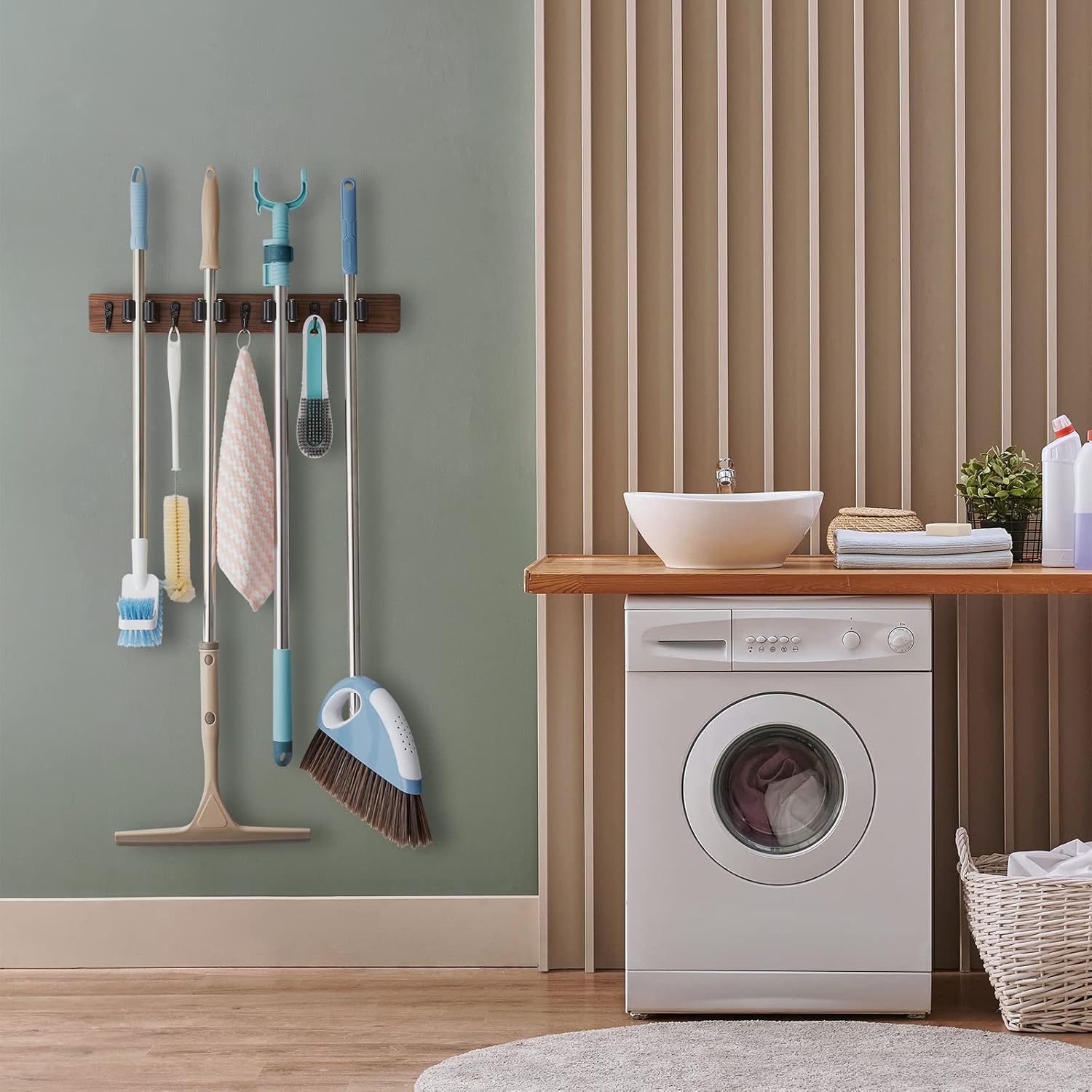 OUTNILI Wall-Mounted Broom Holder & Coat Rack - Space-Saving Organizer Bundle