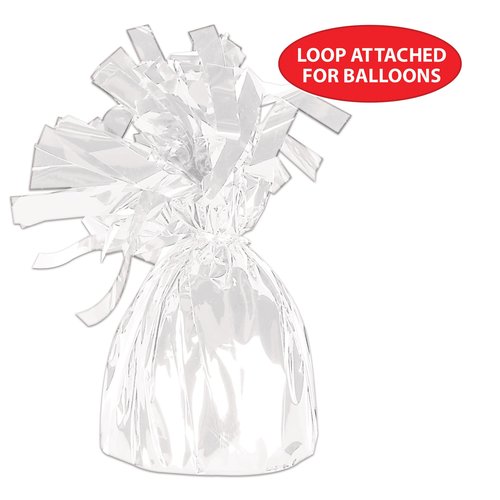 Beistle White Metallic Plastic Wrapped Balloon Weights For Birthday Parties, Weddings, Anniversaries, Table Décor, Celebrating With You Since 1900, 5.5" x 2.5", 6 Piece