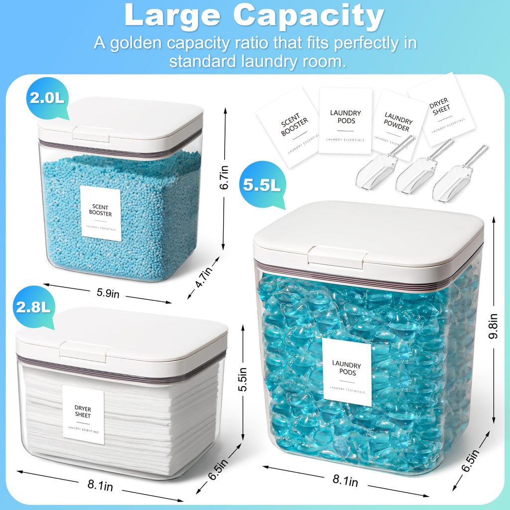 ALPIRIRAL 3 Pack Laundry Pods Container, Holder Dispenser for Laundry Room Organization Decor, for Storage, Dishwasher Pods, Scent Booster, Dryer Sheet, 152+94+67fl oz with Lids, Scoops & Labels