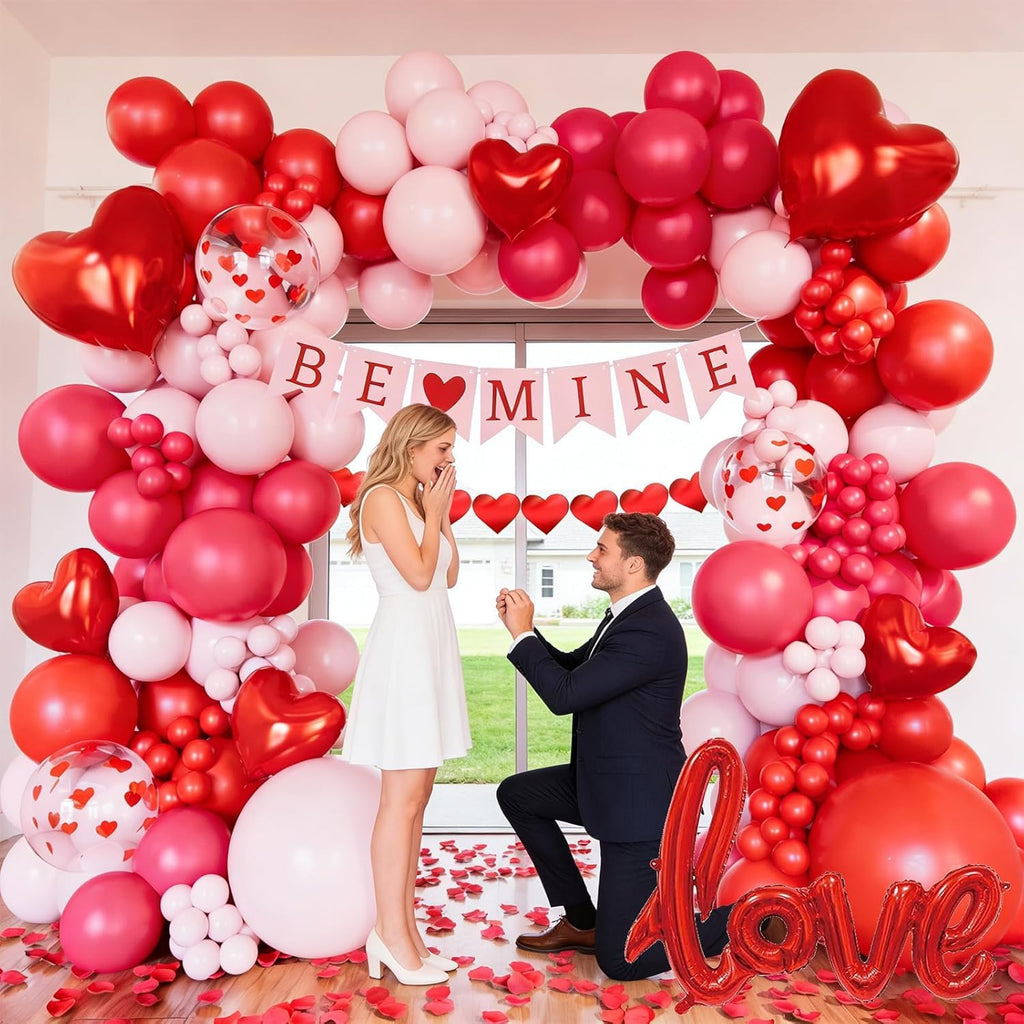 CboDeco Pink and Red Balloon Arch Kit, Red and Pink Balloons Garland With Heart Foil Balloon, Rose Petals, Banner & Garland for Valentine's Day Wedding Engagement Anniversary