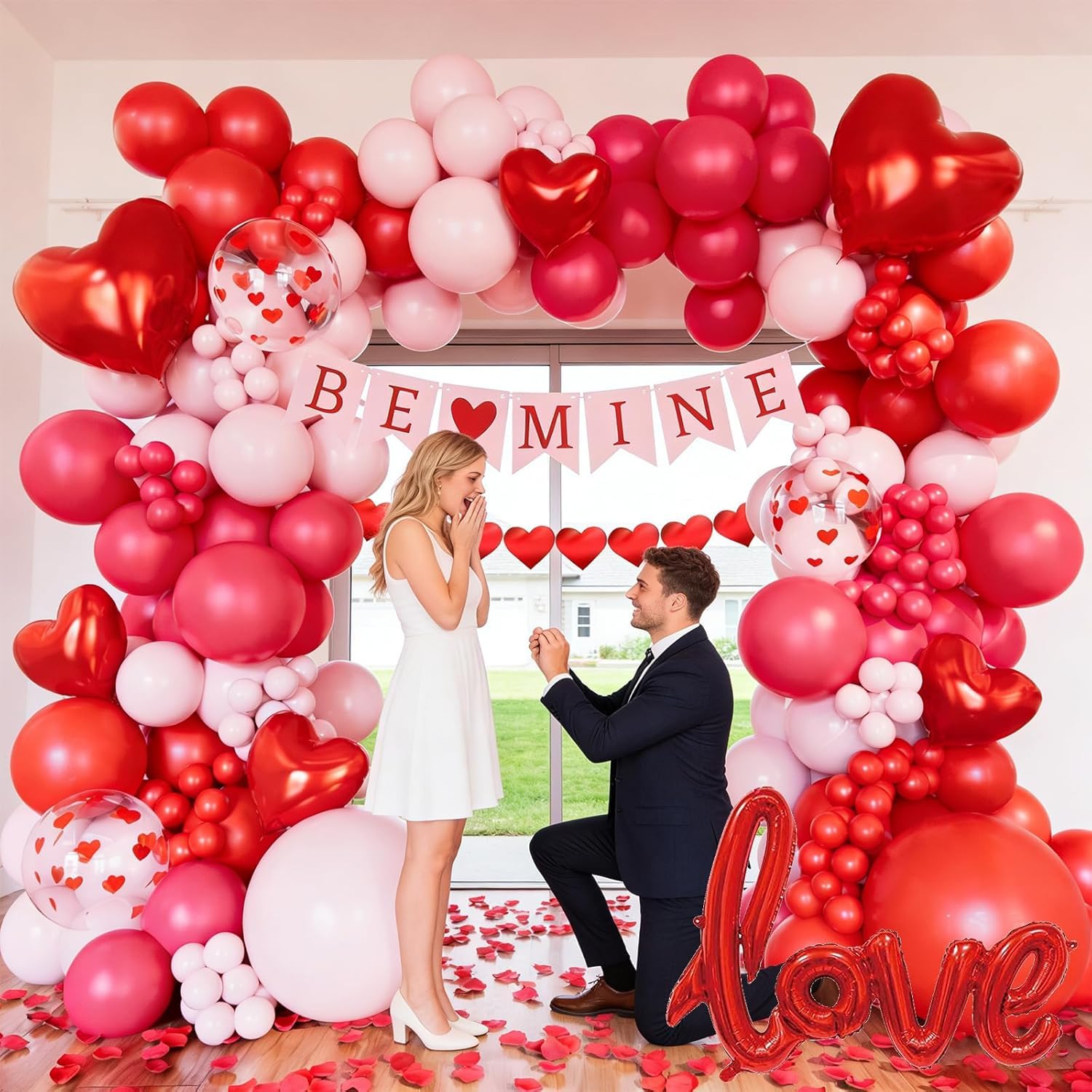 CboDeco Pink and Red Balloon Arch Kit, Red and Pink Balloons Garland With Heart Foil Balloon, Rose Petals, Banner & Garland for Valentine's Day Wedding Engagement Anniversary