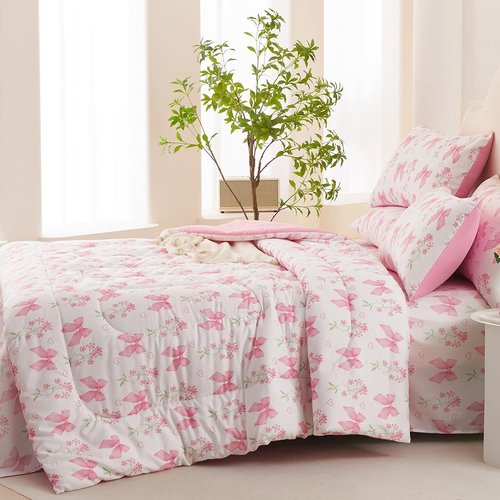 CCoutueChen Pink Bow Comforter Set Queen 3Pcs Pink Floral Bedding Set for Girls Kids Romantic Princess Style Bowknot Bedding Ultra Soft Reversible Garden Flower Comforter Sets with 2 Pillowcases