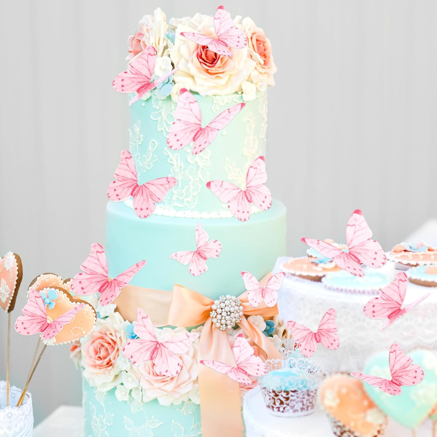 Skiennix Pink Butterfly Cake Decorations - 40 Edible Wafer Paper Cupcake Toppers for Parties